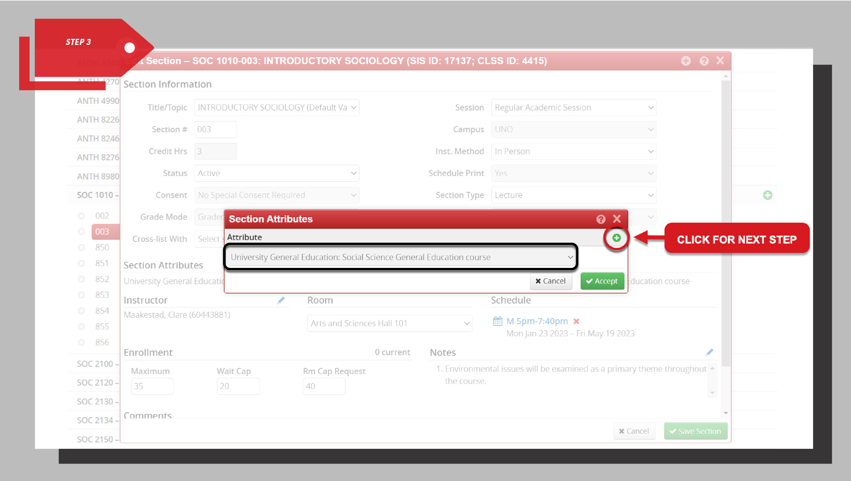 Section Attributes pop-up window open with attribute dropdown visible and a green plus icon highlighted, with a red callout indicating to click for the next step.