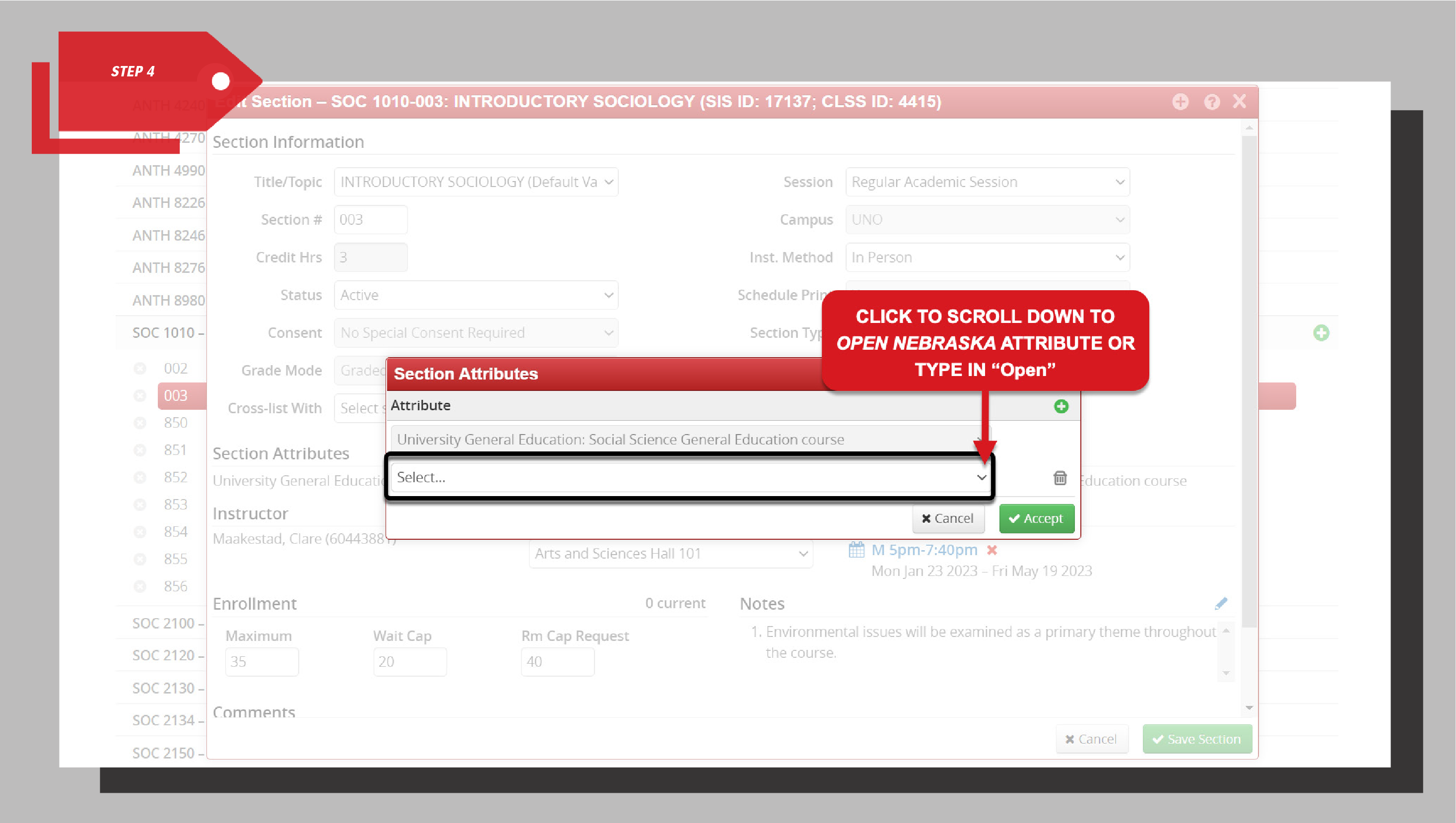 Section Attributes dropdown expanded with instruction to scroll to “Open Nebraska” attribute or type “Open” in the search field.