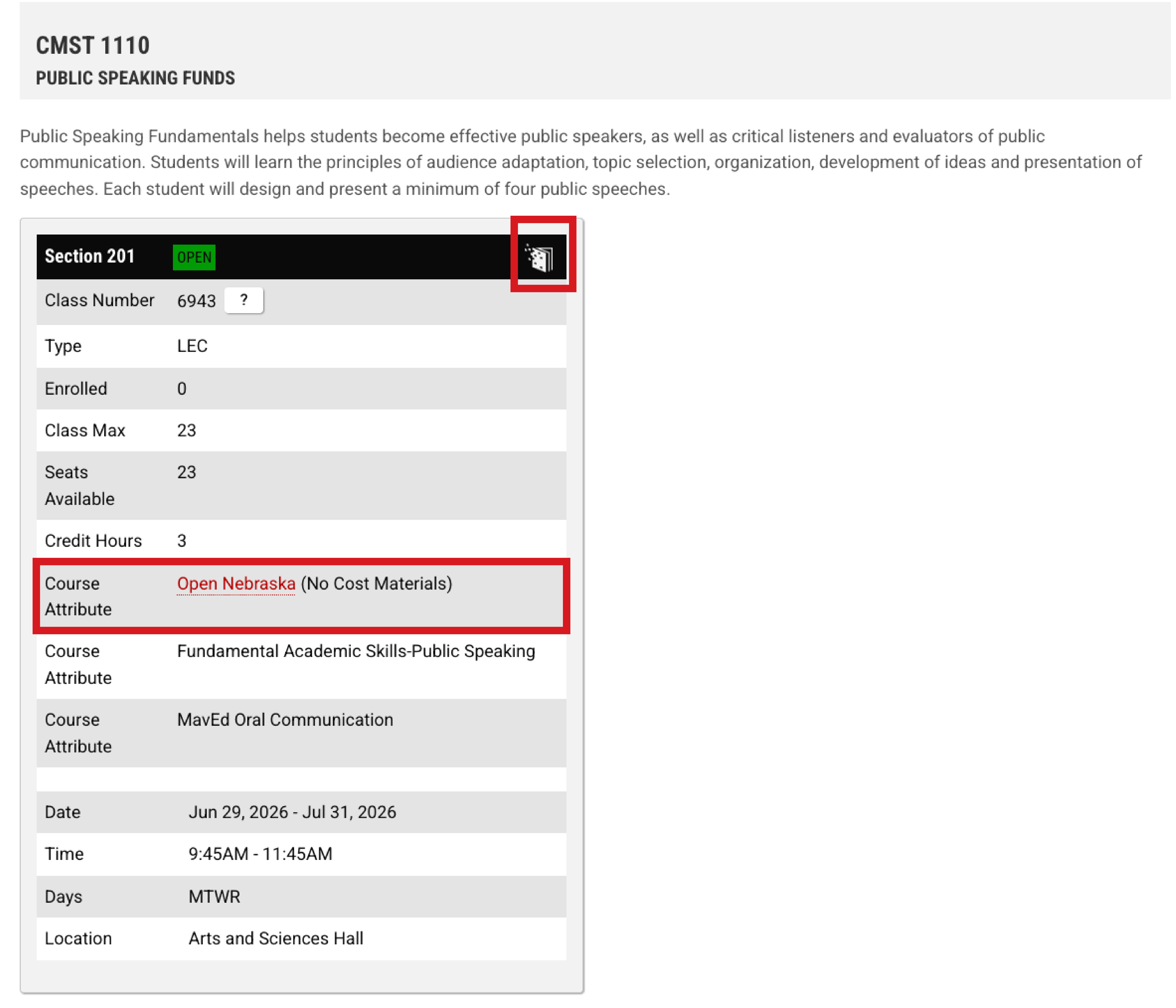 Screenshot of the UNO class search page for CMST 1110 Public Speaking Fundamentals, Section 201. The course attribute highlights “Open Nebraska (No Cost Materials),” and an icon indicates the class uses no-cost materials.