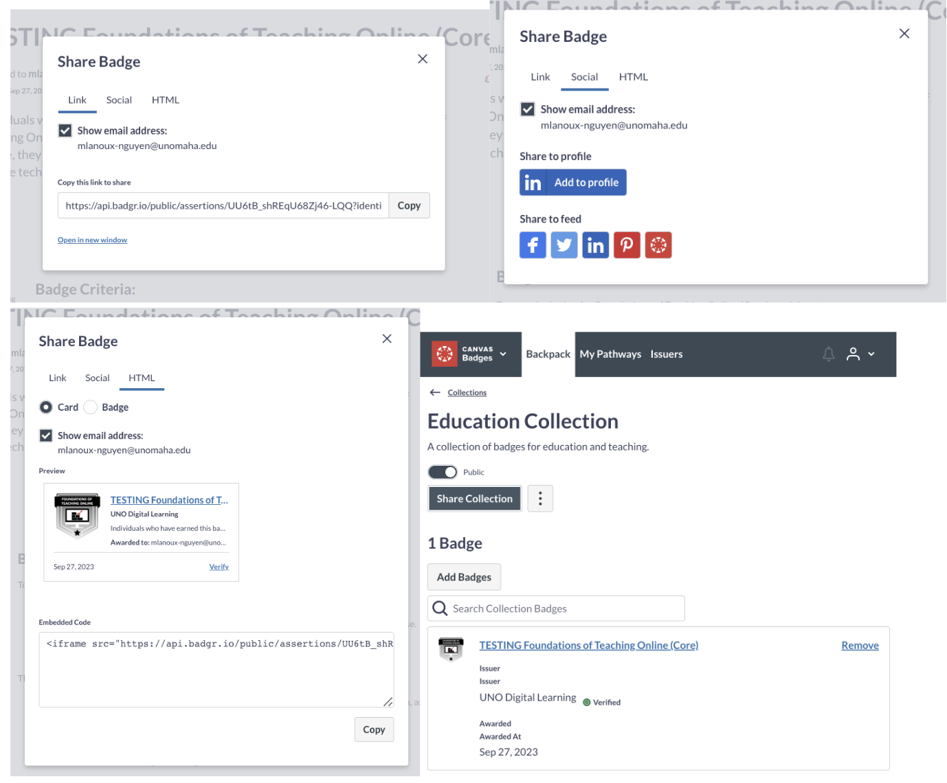 screenshots of the various ways to share a badge