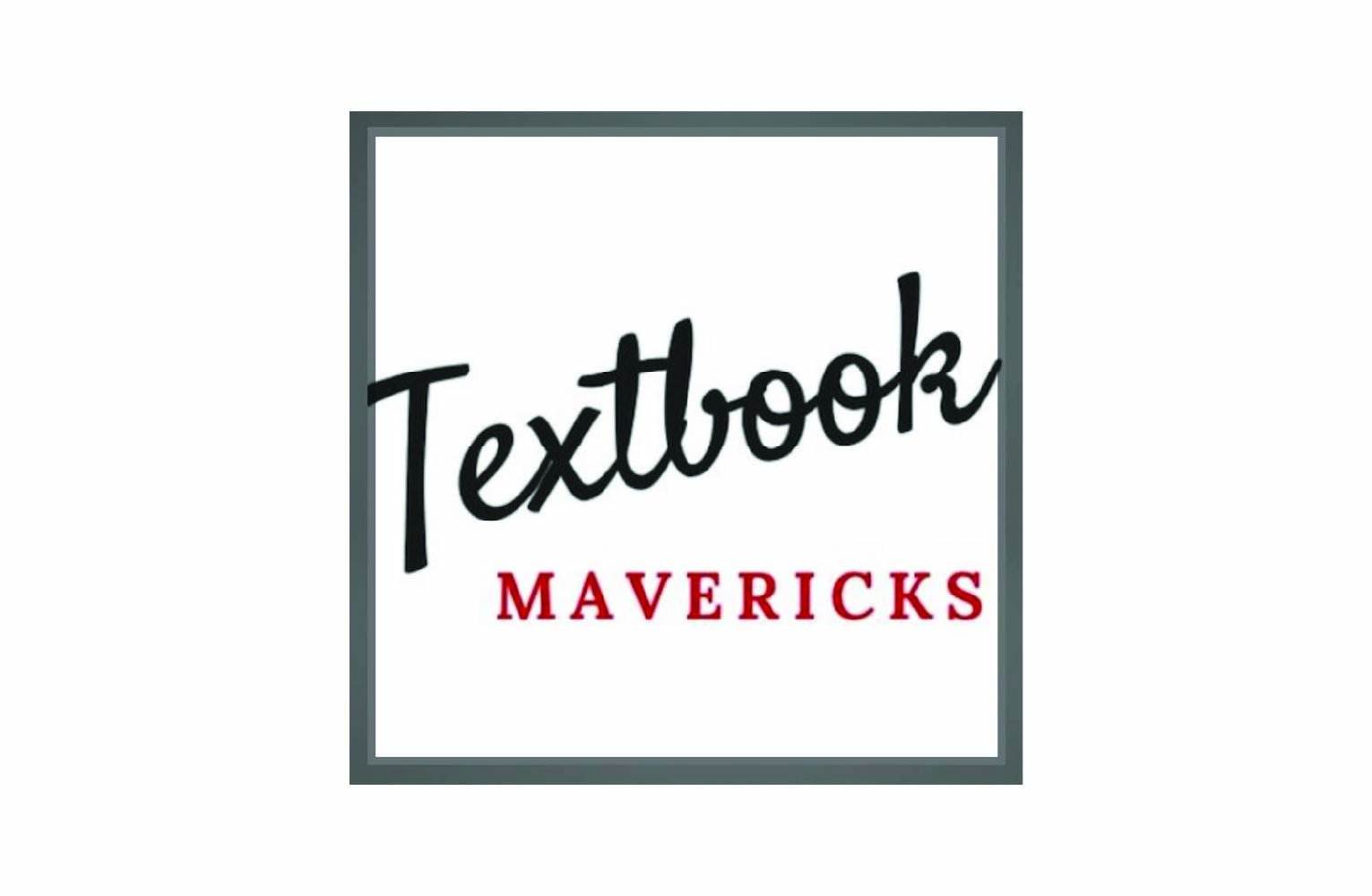 Textbook Mavericks logo in black and red text within a bordered square.
