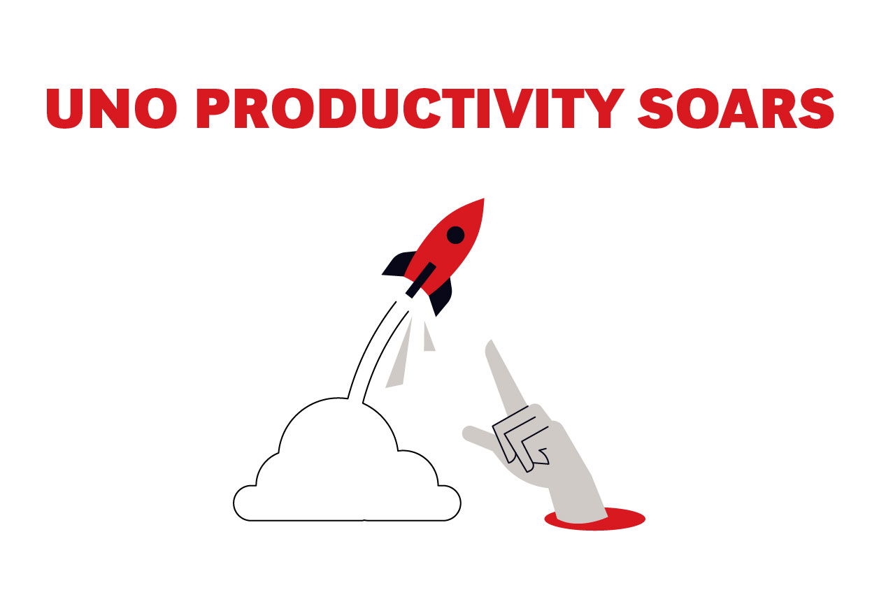 Illustration of a red rocket launching upward with smoke, next to a pointing hand emerging from a red circle, with the headline "UNO Productivity Soars" in bold red text.