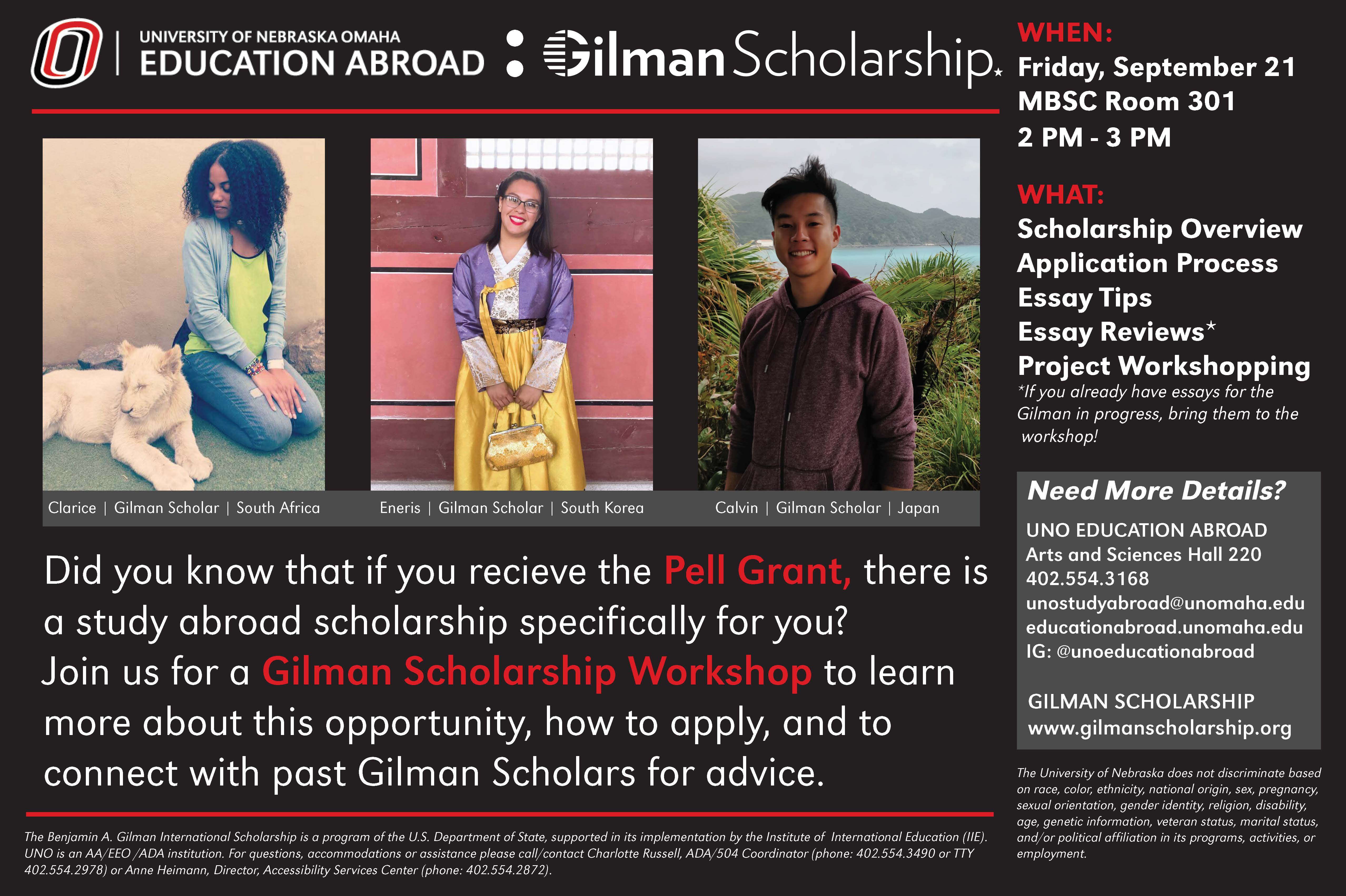 The image is the Gilman Scholarship Workshop flyer. It features images of study abroad alumni, Clarice, Eneris, and Calvin.