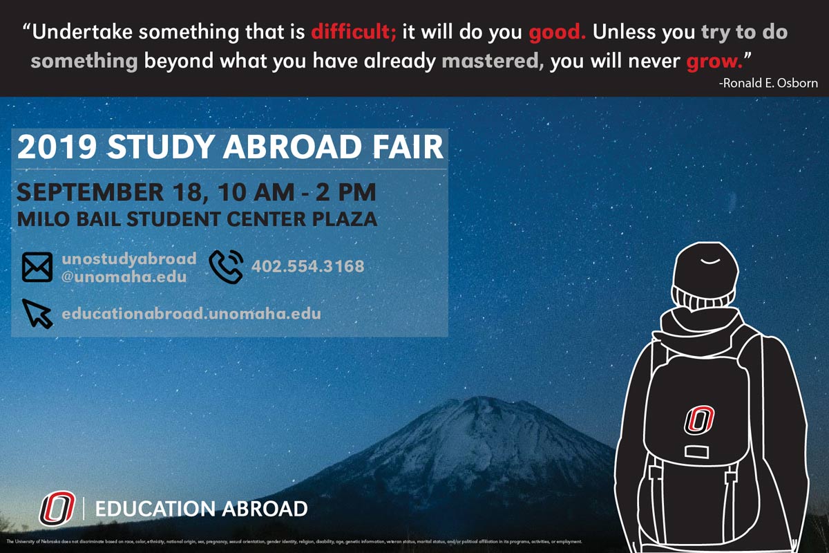 An avatar standing in front of a mountain with study abroad fair details