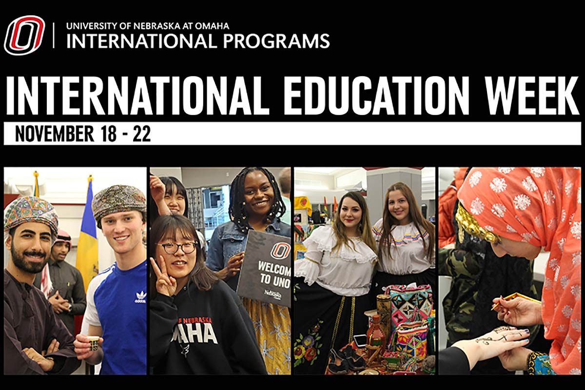 International Education Week banner showing photos of students at Cafe Internationale.