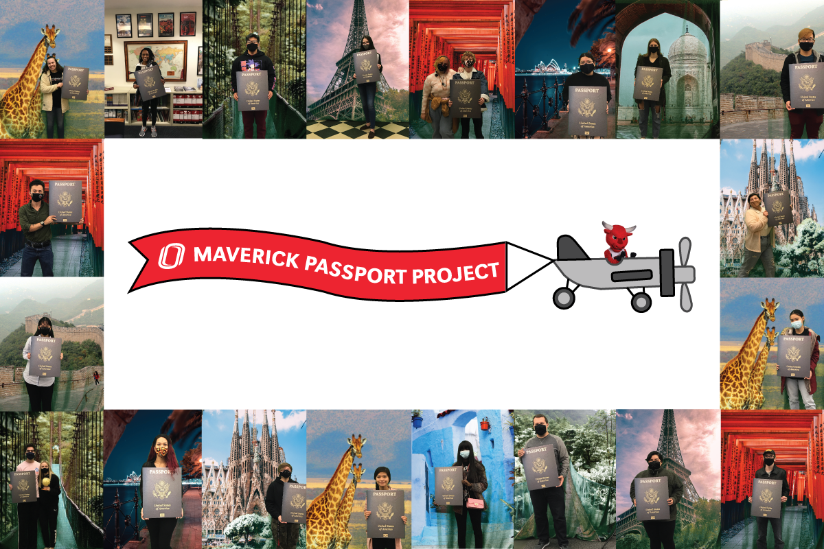 Maverick Passport Project recipients pose in front of various international backgrounds holding a cardboard cut out of a passport. In the middle of the photos is a illustration of Durango flying a plane.