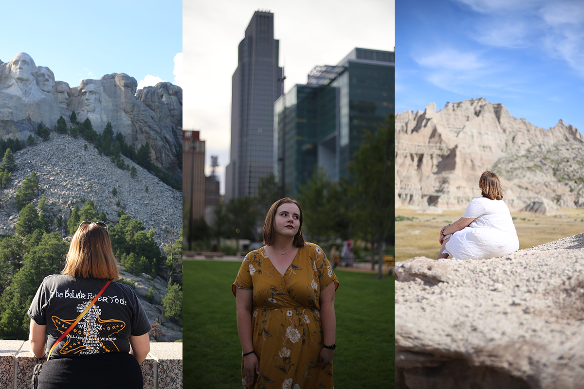 Amina looks at Mount Rushmore, sits in front of the Omaha downtown skyline, and sits in the Badlands in this collage of 3 photographs.