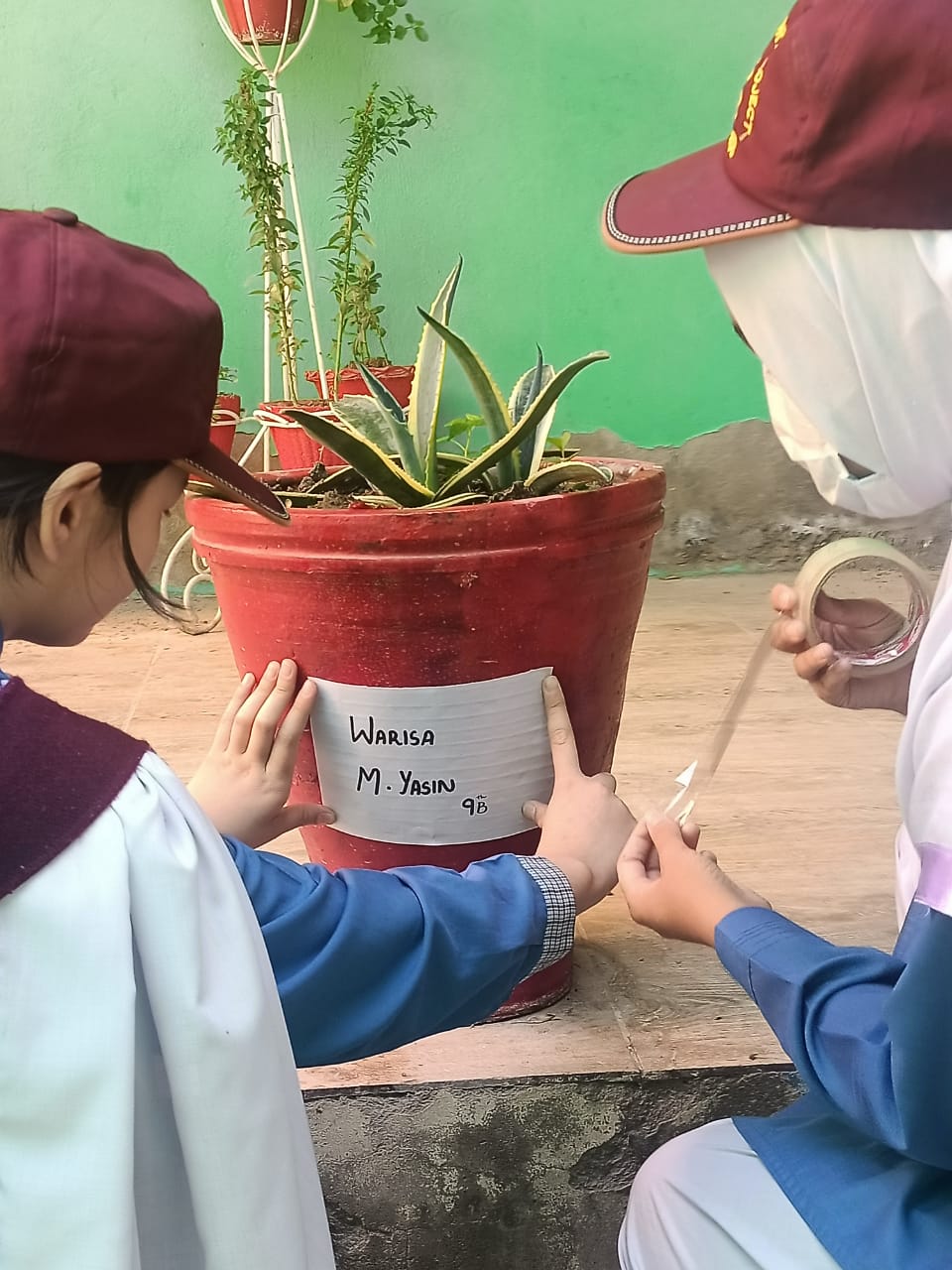 Children affix a label on a potted plant.