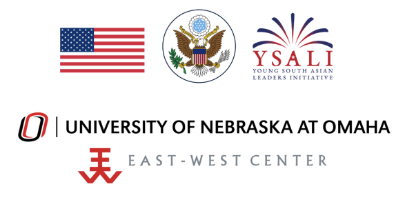 U.S. Flag, U.S. State Department Seal, YSALI Logo, University of Nebraska Omaha logo, and East-West Center logo