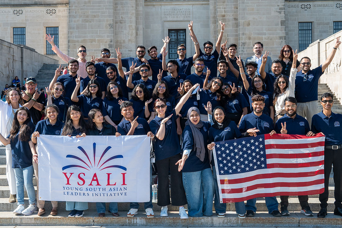 YSALI cohort poses for a group photo in front of the capitol in Lincoln, Nebraska