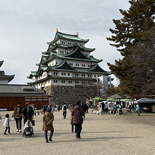 Nagoya Castle in Japan, with white walls and mint green roof.