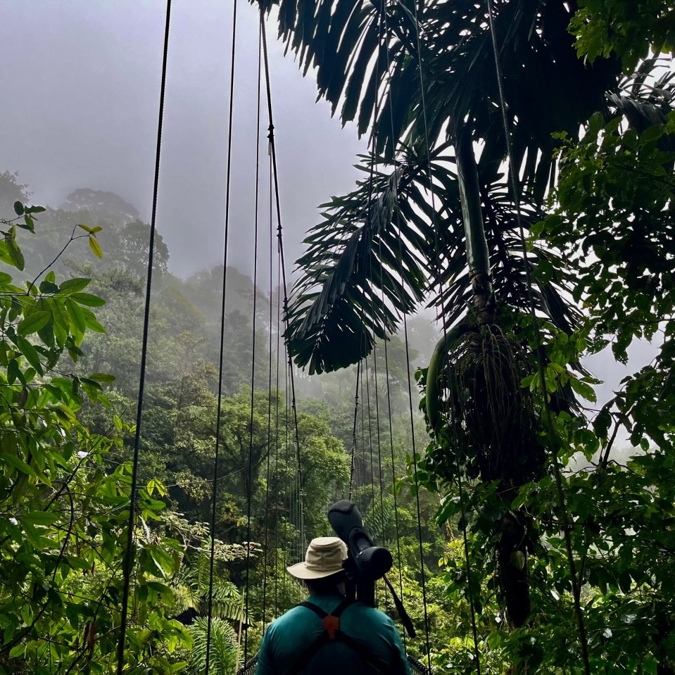 Group of college students take a photo of themselves in front of a waterfall, one flashing the peace sign.
