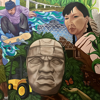 A painted mural of a large stone head, a woman with dark hair, and a man skateboarding.