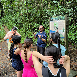 Group listens to a tour guide in a rainforest.
