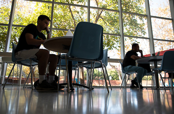 student sitting at table looking at laptop