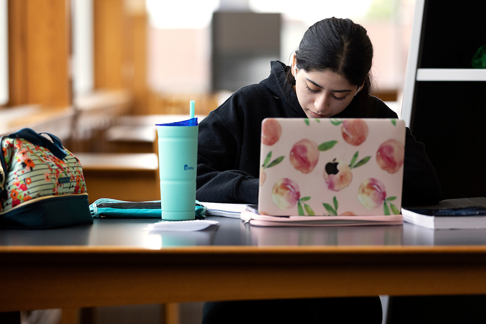 students working on laptop in library