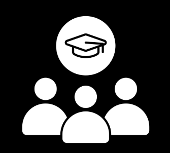 White icon of three people with a graduation cap above them on a black background.