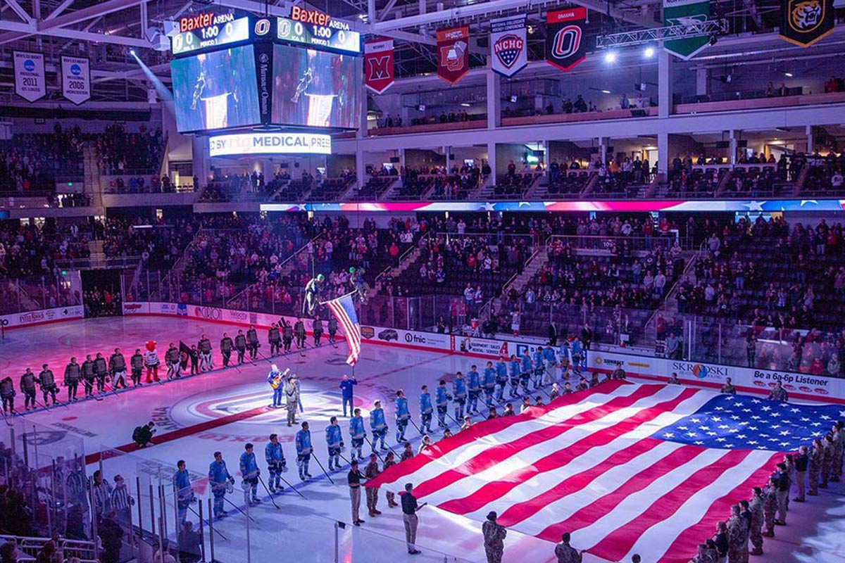 Stars and stripes were at center ice during UNO hockey's military appreciation night on Friday, Nov. 10 at UNO's Baxter Arena.