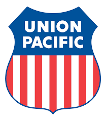 The red white and blue logo for Union Pacific Railroad