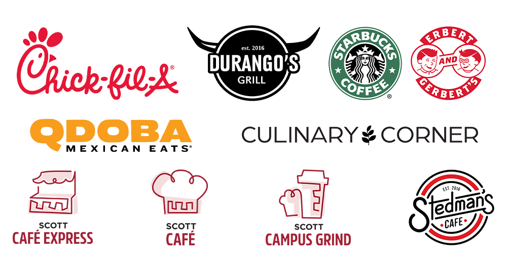 Logos of various food and beverage establishments including Durango's Grill, Starbucks Coffee, QDOBA Mexican Eats, and Café Express.