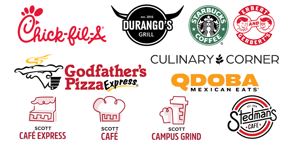Logos of various food and beverage establishments including Durango's Grill, Starbucks Coffee, QDOBA Mexican Eats, and Café Express.
