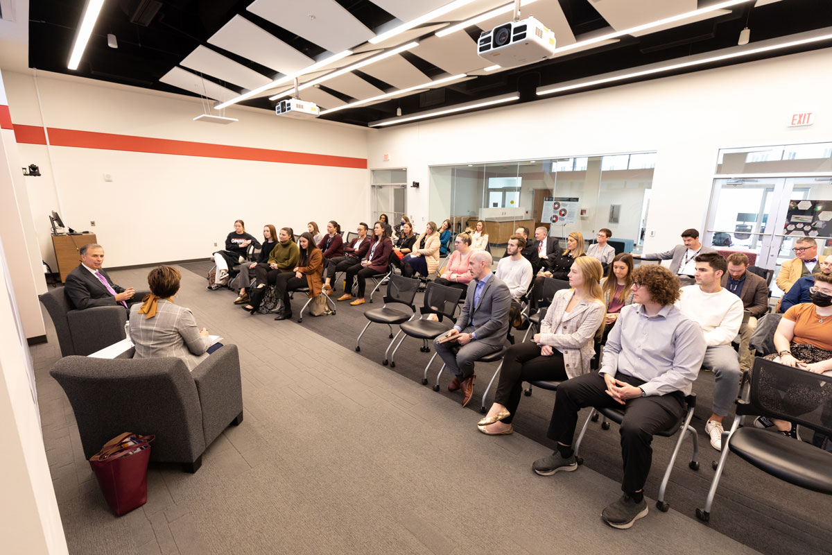 A crowd shot of people in the audience during Dimitri Kusnezov's fireside chat. 