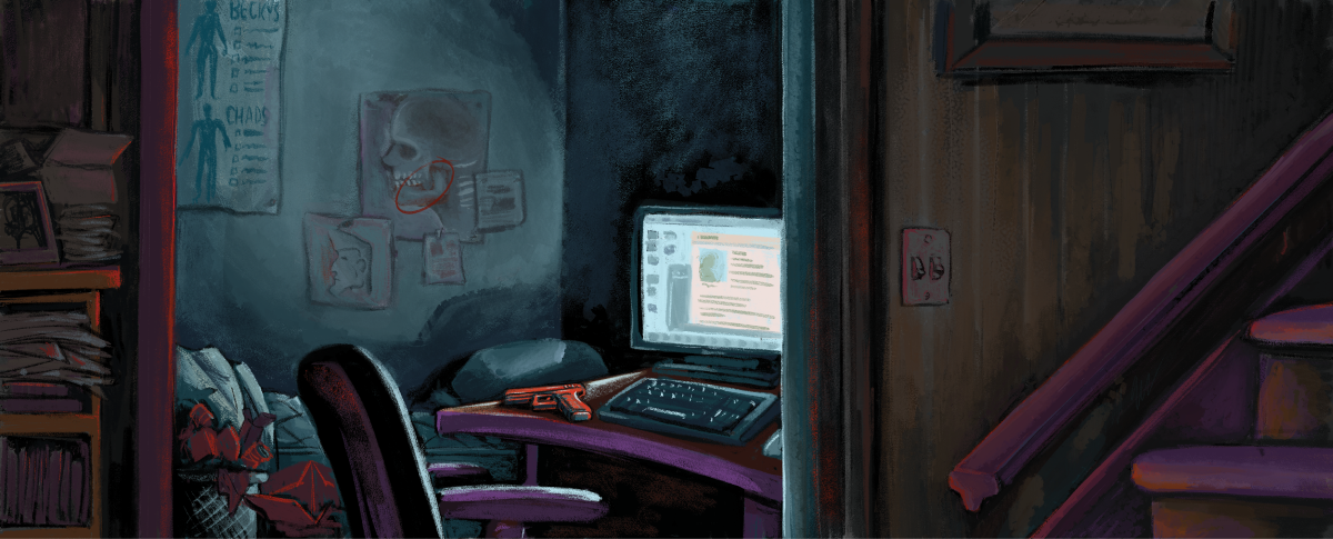 Artwork depicting a dark room with conspiracy-like posters on the walls and the sole light coming from a computer screen.