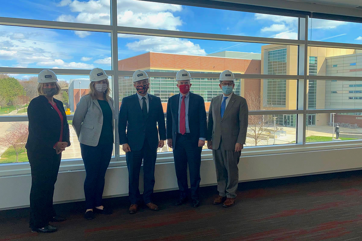 From left: CBA Dean Michelle Trawick, Ph.D.; Gina Ligon, Ph.D.; Rep. Don Bacon; Chancellor Jeffrey P. Gold, M.D.; and Senior Vice Chancellor for Academic Affairs Sacha Kopp, Ph.D.