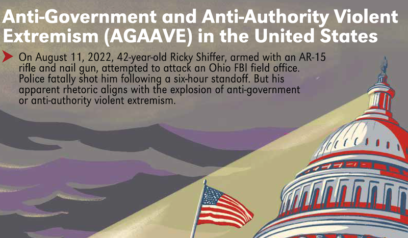 This is the cover of a four-page explainer document that NCITE made on anti-government, anti-authority violent extremism. It shows a spotlight on the U.S. Capitol dome.