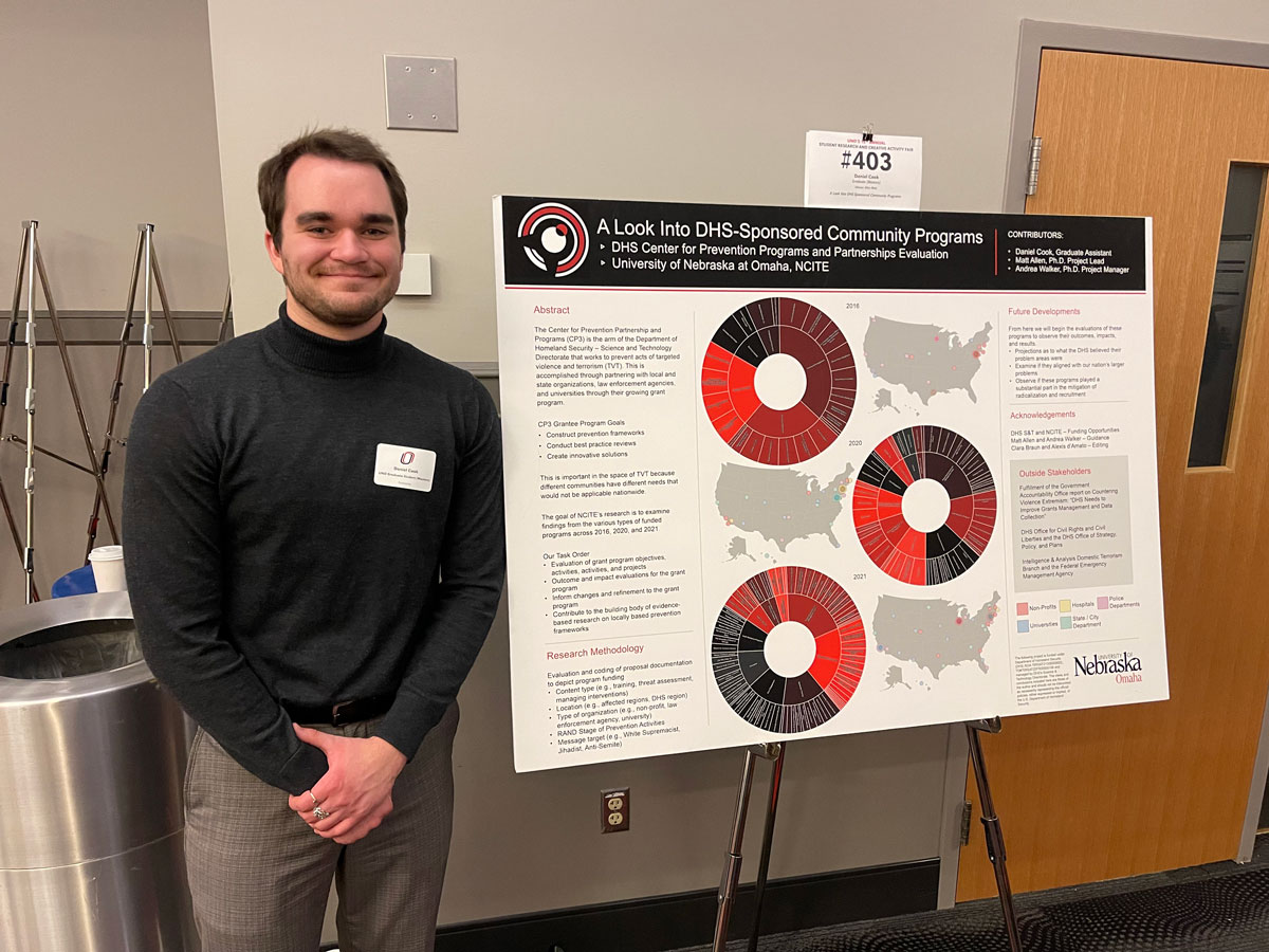 NCITE student Daniel Cook stands in front of his research poster. 