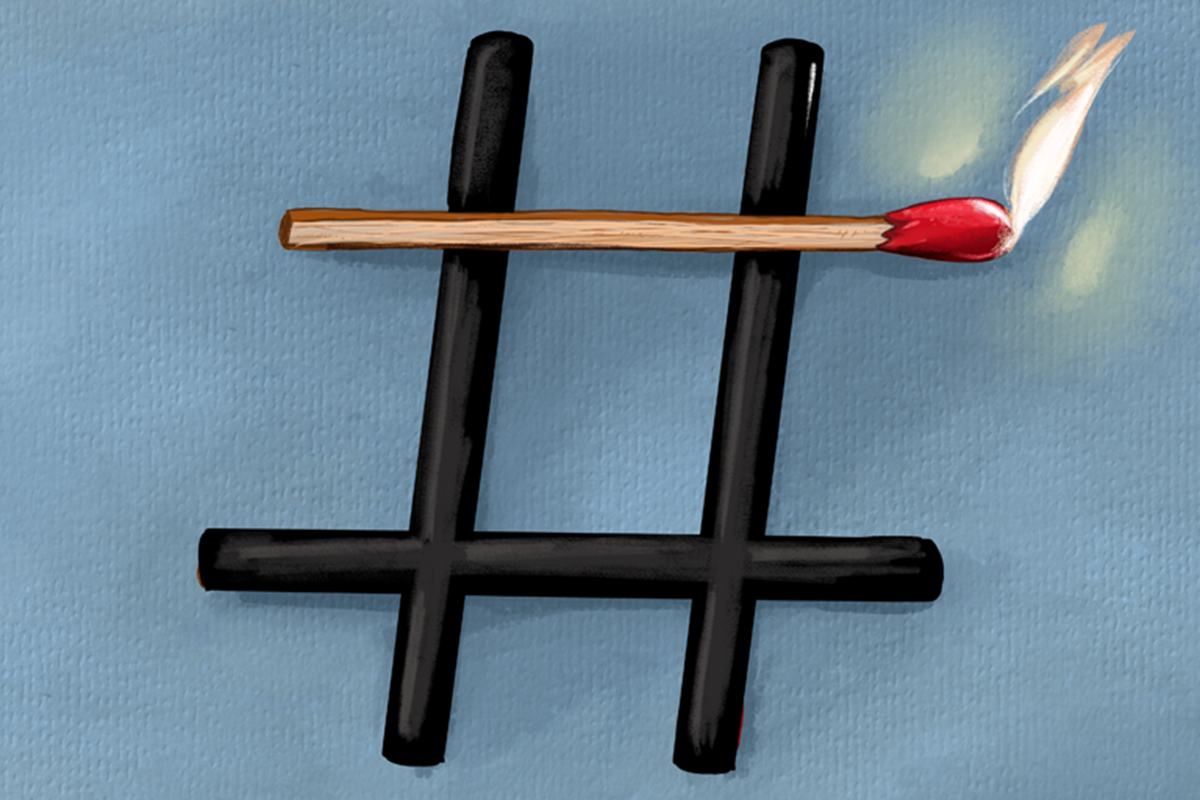 An illustration of a black hashtag on a blue background. The top horizontal arm of the hashtag is a lit match.