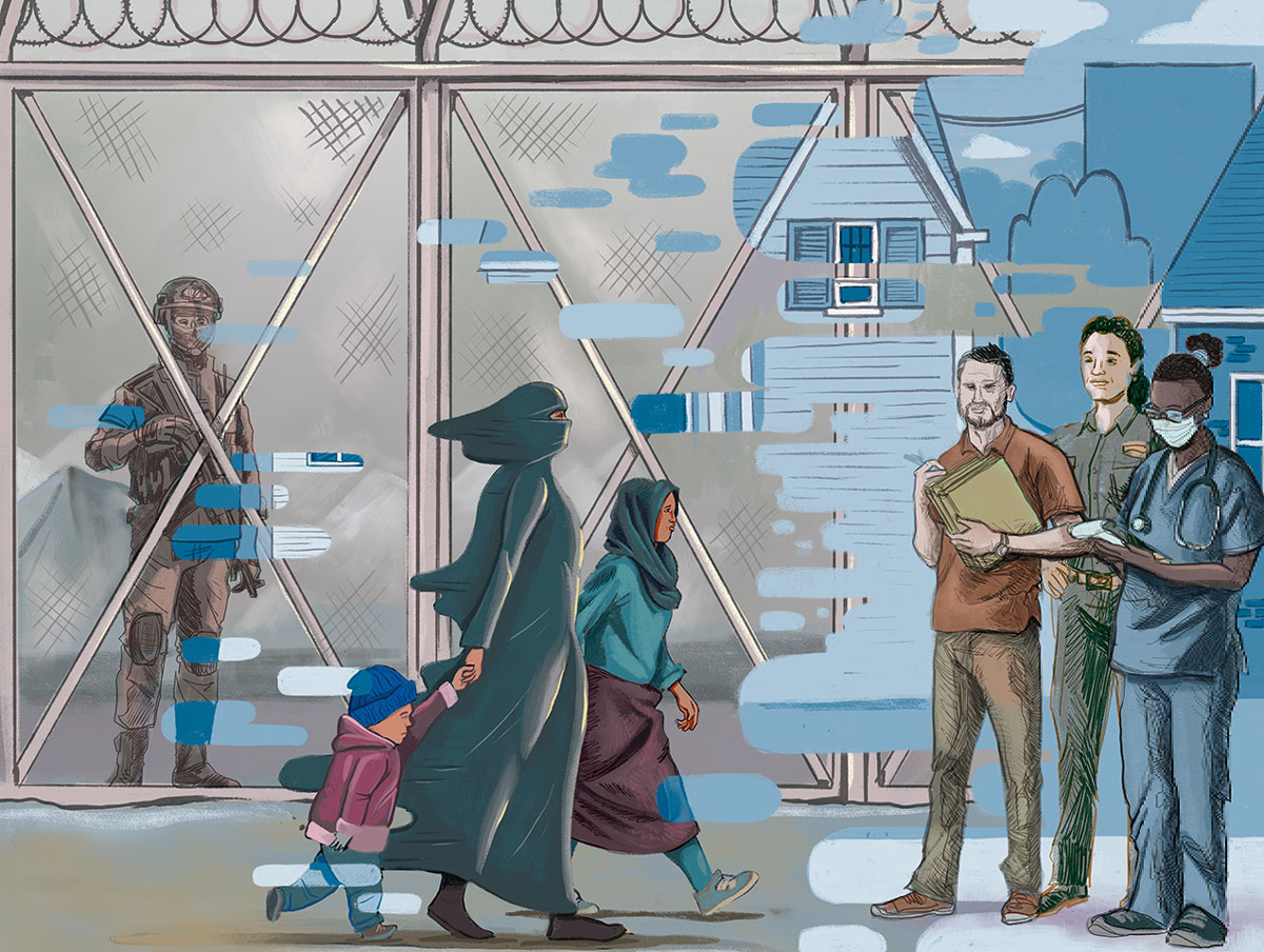 Illustration of woman, daughter, and child walking from a refugee camp into life in the U.S. Their new life is represented via blue cutaways on the scene, gradually coalescing into a cohesive image on the right side of the frame. 