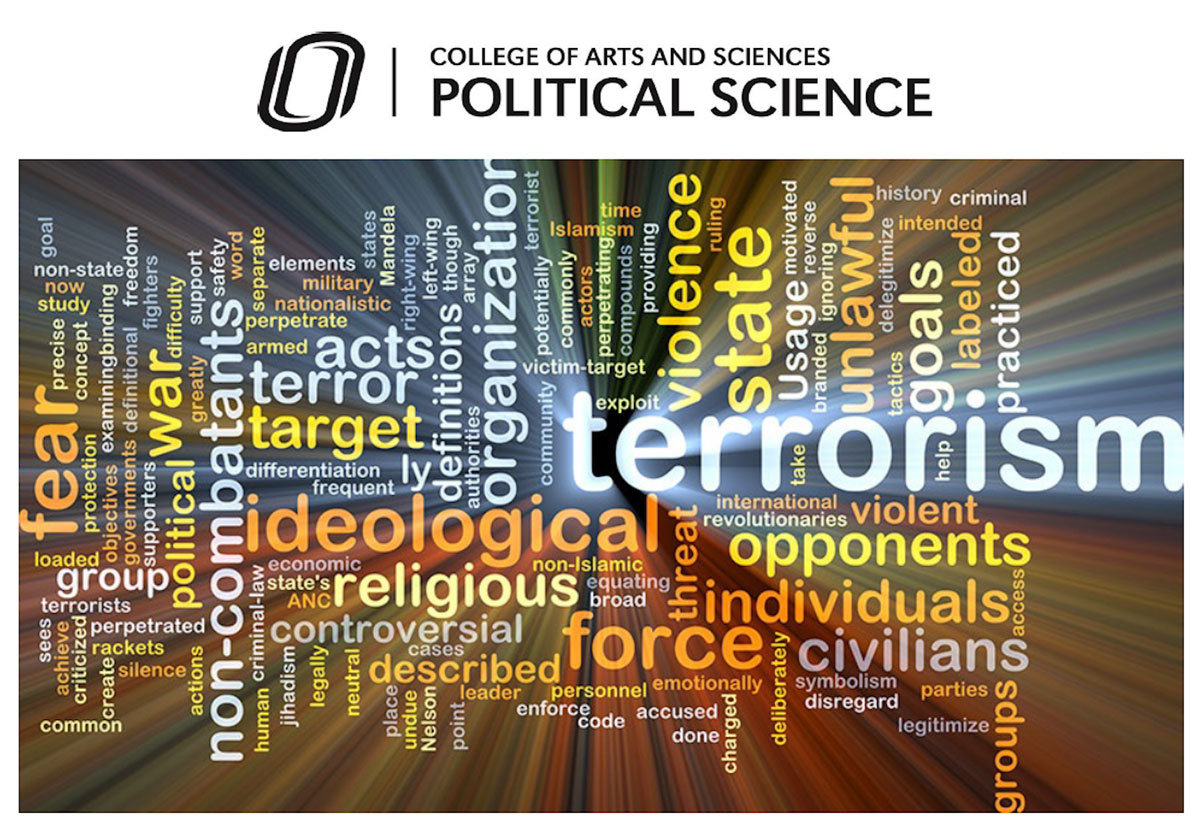 Word cloud derived from course materials. The biggest word, in blue letters, is TERRORISM.