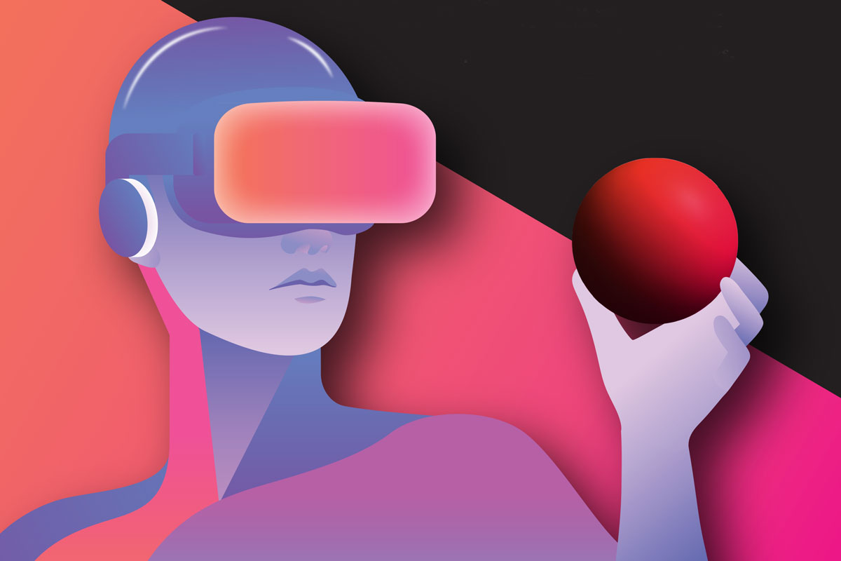 A graphic illustration of someone wearing an virtual reality headset while holding a round object.