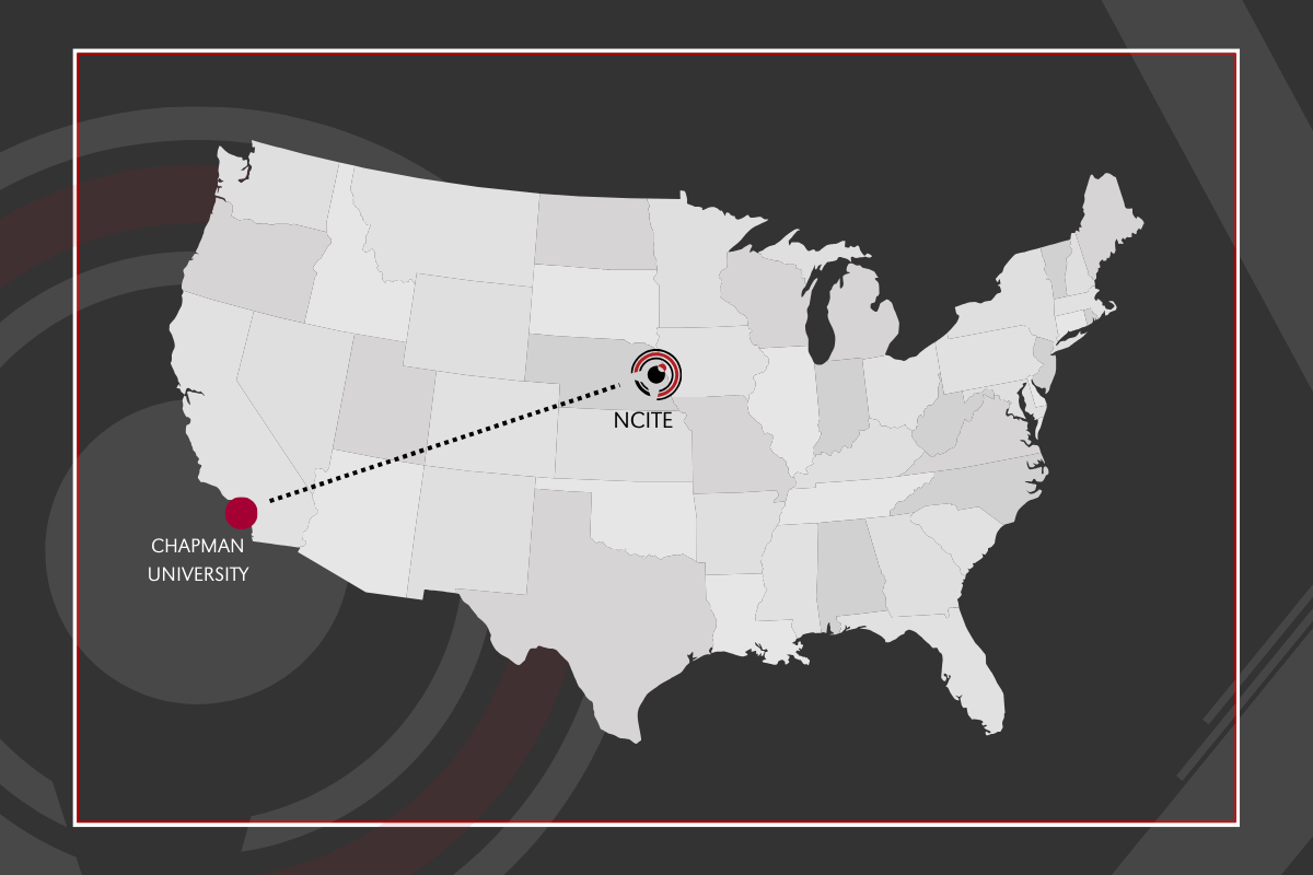A graphic of a map illustrating the distance between NCITE in Omaha and Chapman University.