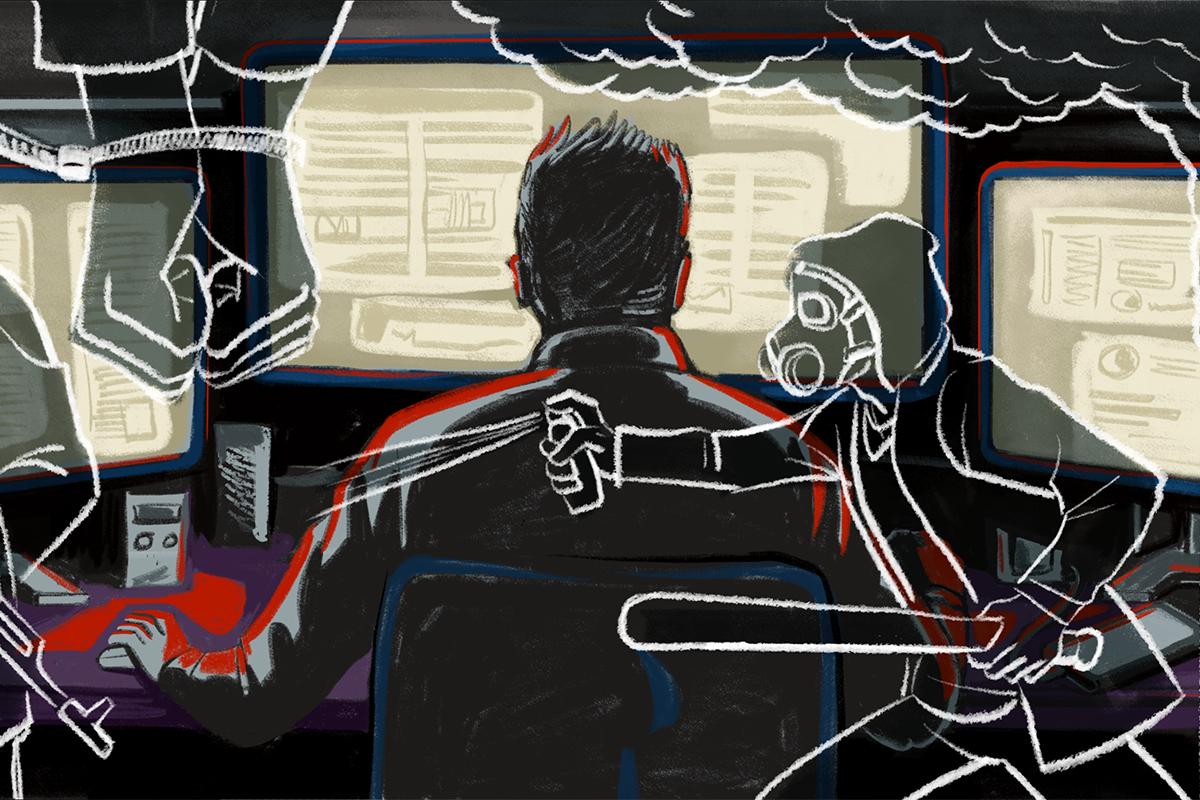 A hand-drawn illustration of a man sitting at a computer, cast in yellow light, with sketched overlays of bound hands and a man in a gas mask holding a bat and spraying pepper spray. 