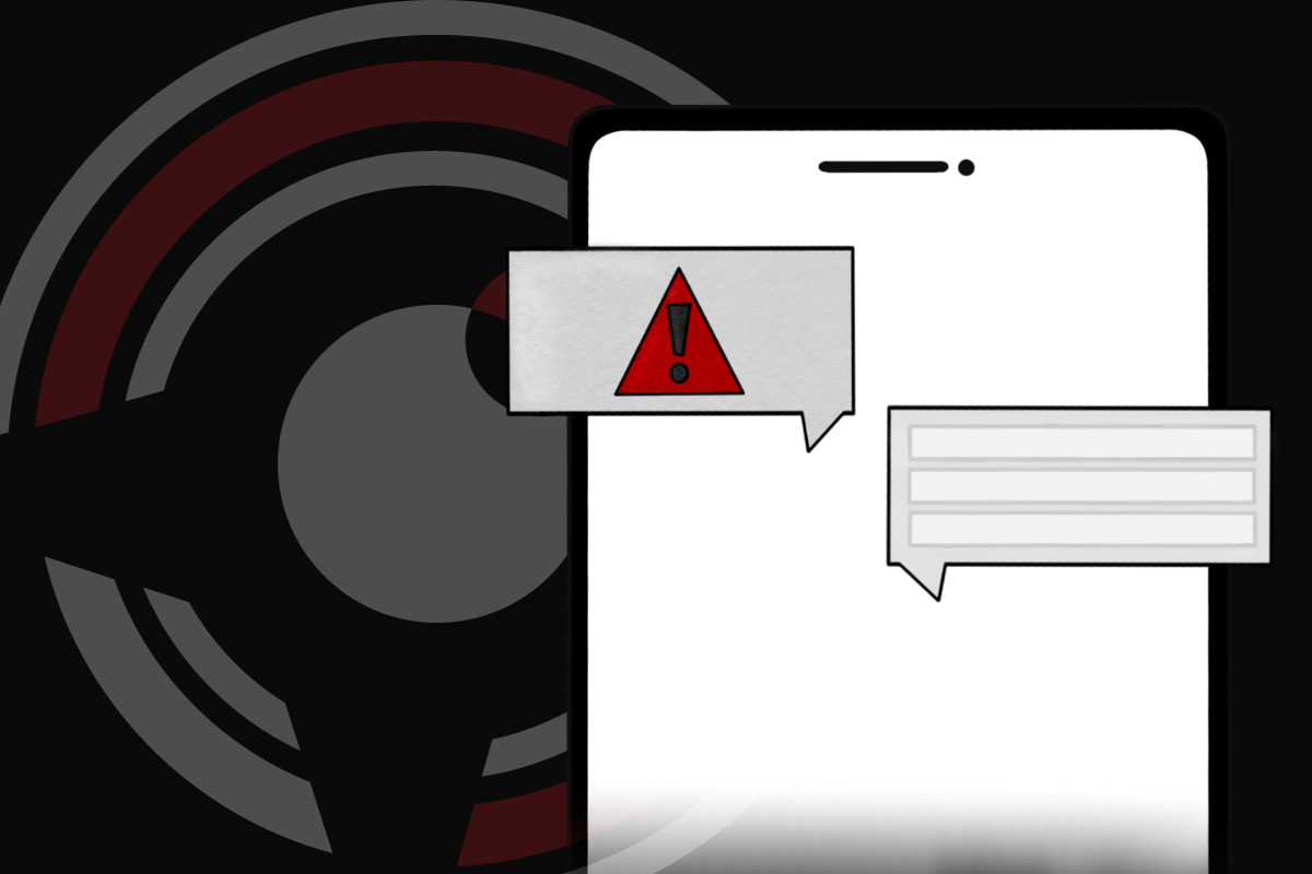 A graphic featuring the representation of a cell phone displaying a chat bubble with an exclamation point in a red triangle. The words Suspicious Activity Reporting Chatbot are displayed to the left of the phone. 