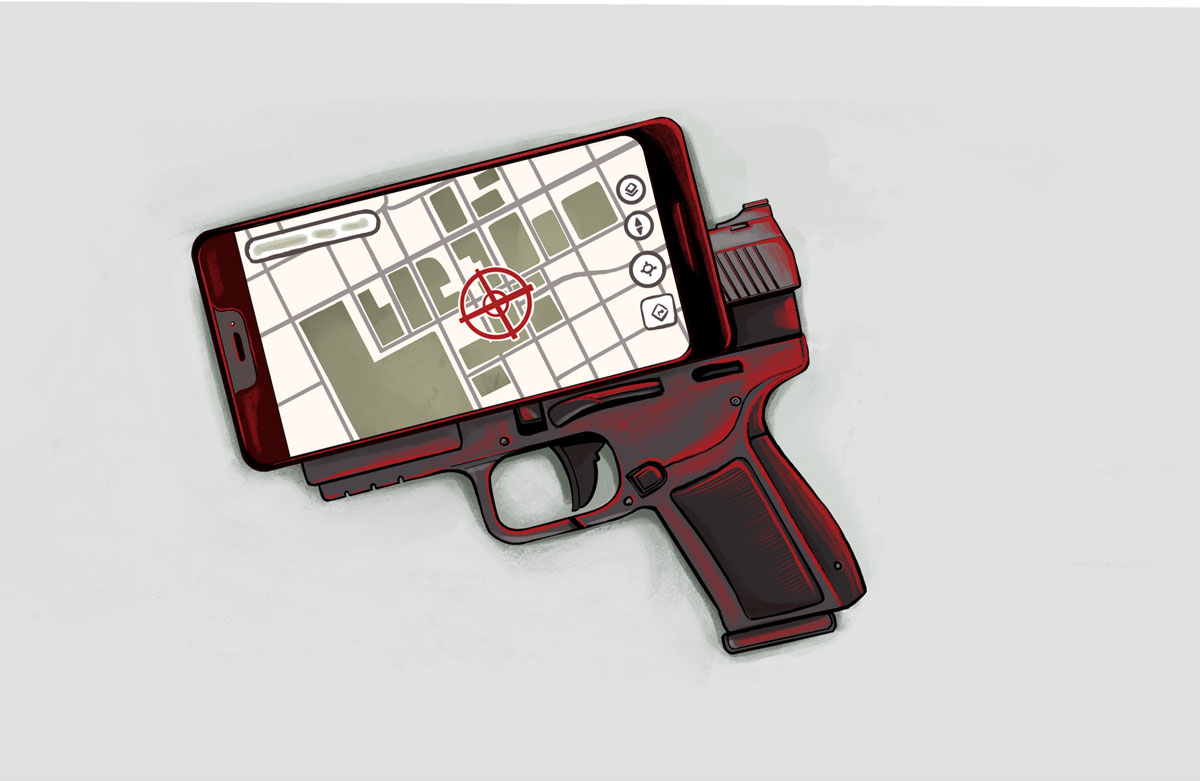 An illustration featuring a smartphone displaying a crosshairs on a digital map. The phone is resting on top of a handgun. 