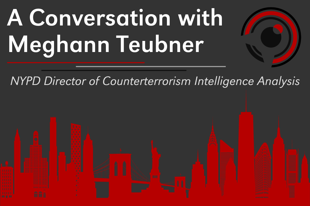 A grey graphic featuring a representation of the New York City skyline. The text reads: "A Conversation with Meghann Teubner."