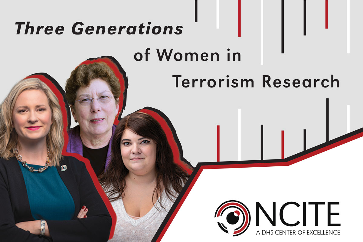 The cutout headshots of Martha Crenshaw, Clara Braun, and Gina Ligon are to the left of text saying "Three Generations of Women in Terrorism Research" with the NCITE logo in the bottom right corner. 