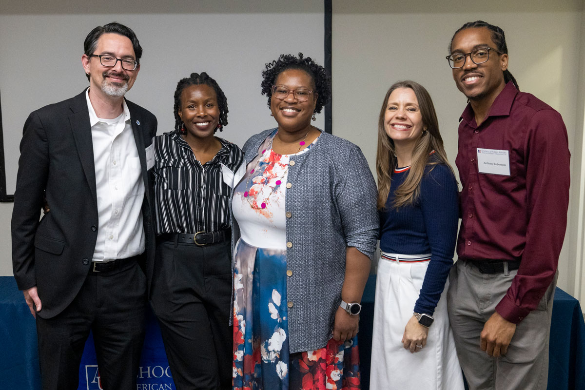 Five members of the vicarious trauma project pose for a photo together. From left to right are Joe Young, Ph.D., Daisy Muibu, Ph.D., Nadine Frederique, Ph.D., Jen Kalvoda, and Anthony Roberson.