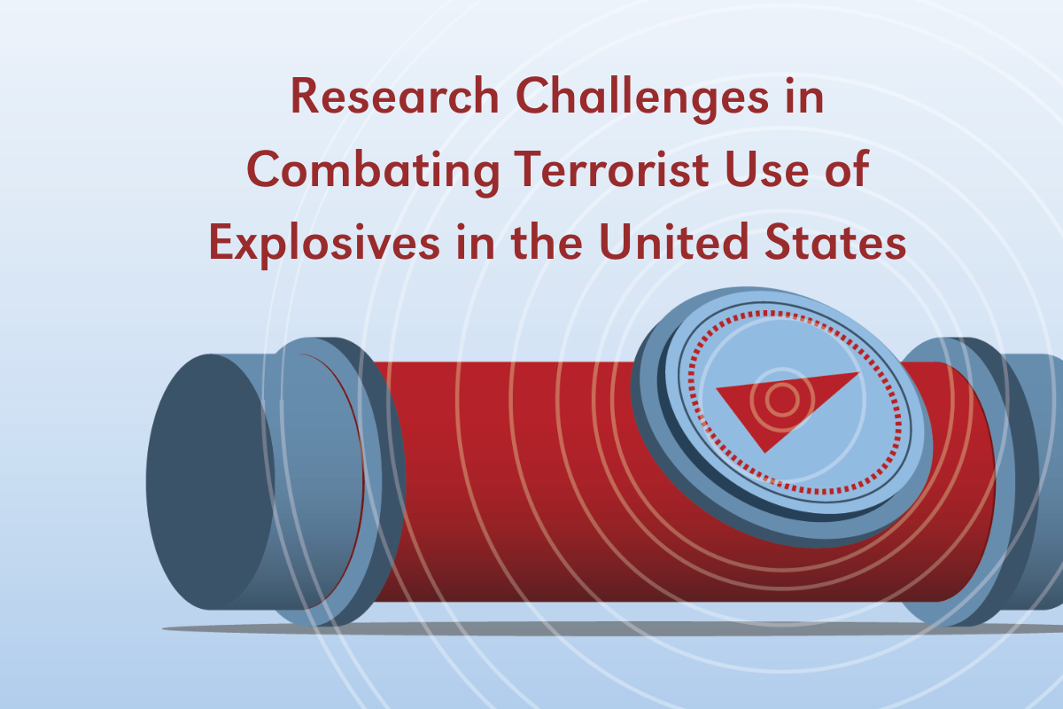 A graphical representation of a pipe bomb. Header text reads "Research Challenges in Combating Terrorist Use of Explosives in the United States."