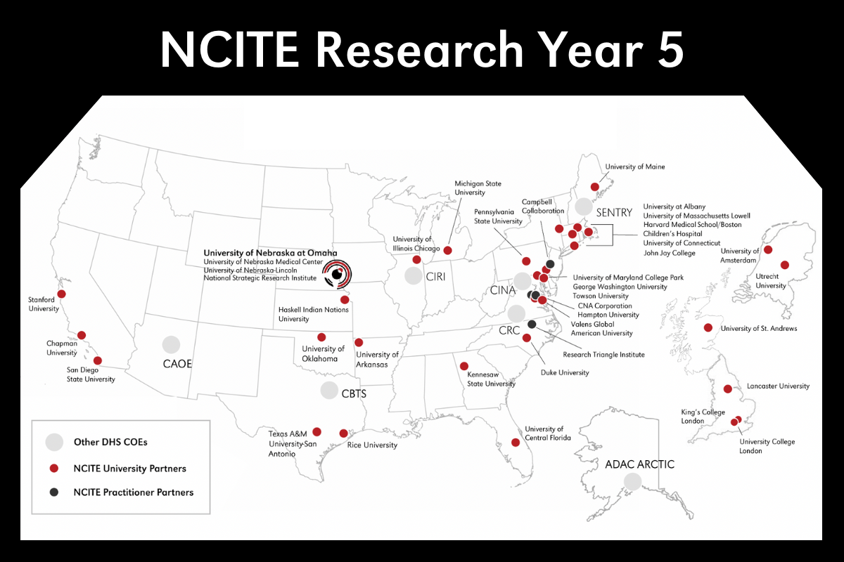 The NCITE consortium map, which outlines all academic partner institutions, as well as active DHS Centers of Excellence and non-university practitioner partners. 