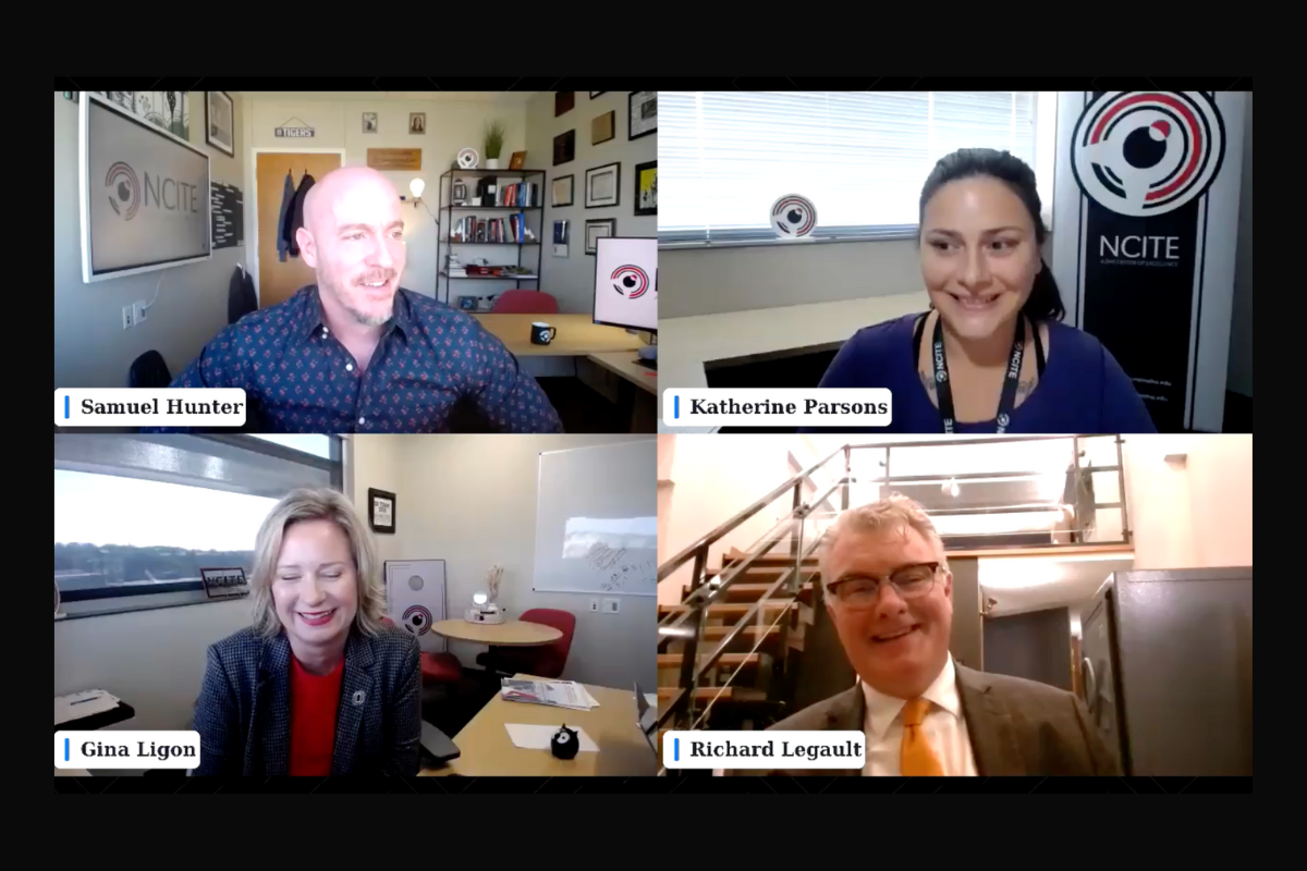 A screenshot of NCITE's webinar on novel threats. Clockwise, from left, Sam Hunter, Kat Parsons, Rik Legault, Gina Ligon. 