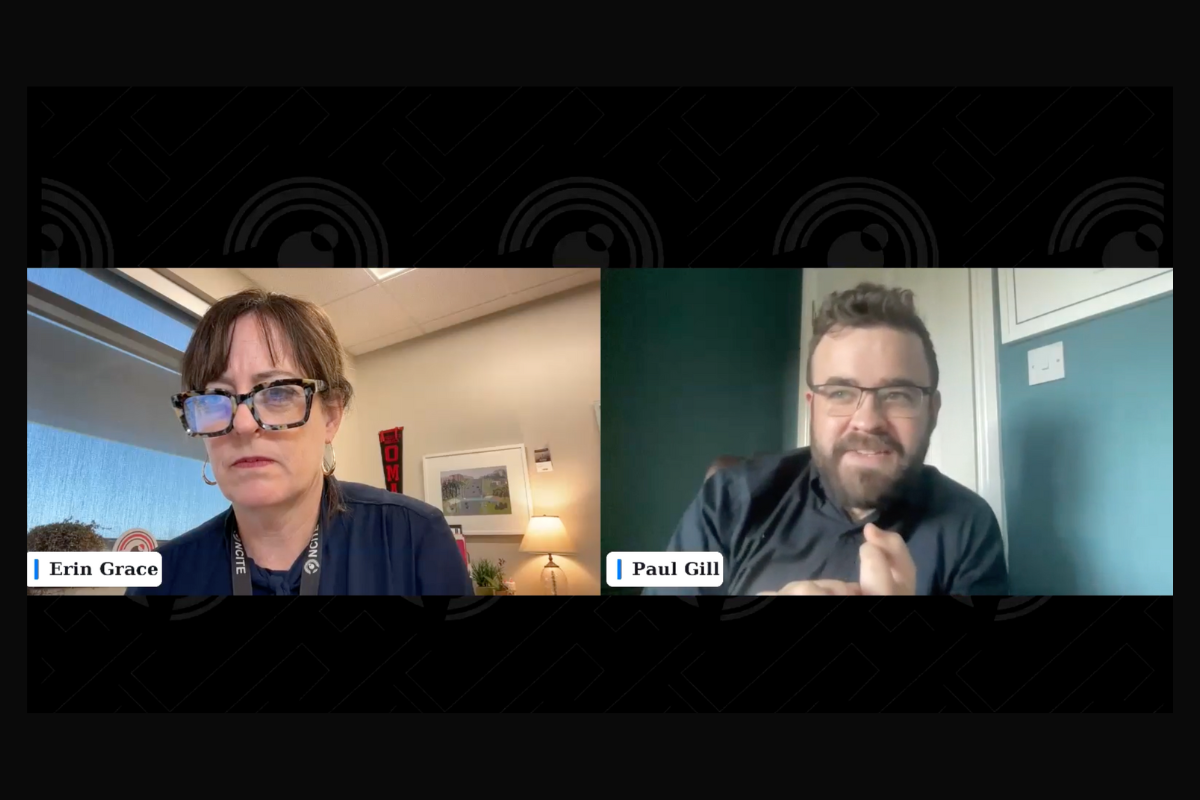 Moderator Erin Grace, on the left side of the Zoom screen, speaks with NCITE researcher Paul Gill on the right side of the Zoom screen. 