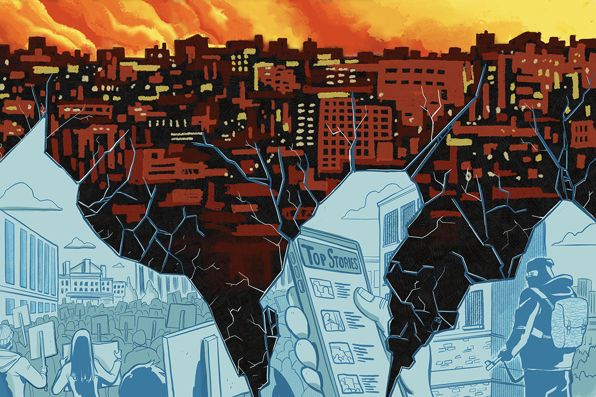 A graphic illustration of someone reading top stories on their phone, protestors, and a skyline full of buildings on fire.