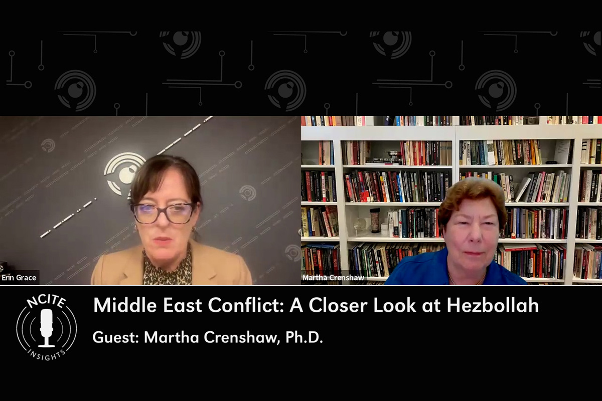 Host Erin Grace (left) speaks with Martha Crenshaw, Ph.D., (right) on Zoom. 