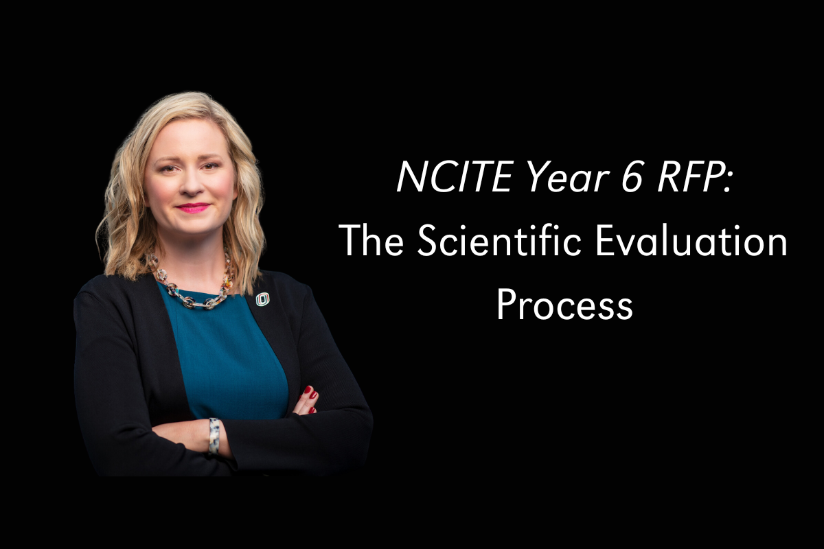 Composite image of Gina Ligon's headshot on the left with a text overlay on the right that reads "NCITE Year 6 RFP: The Scientific Evaluation Process"