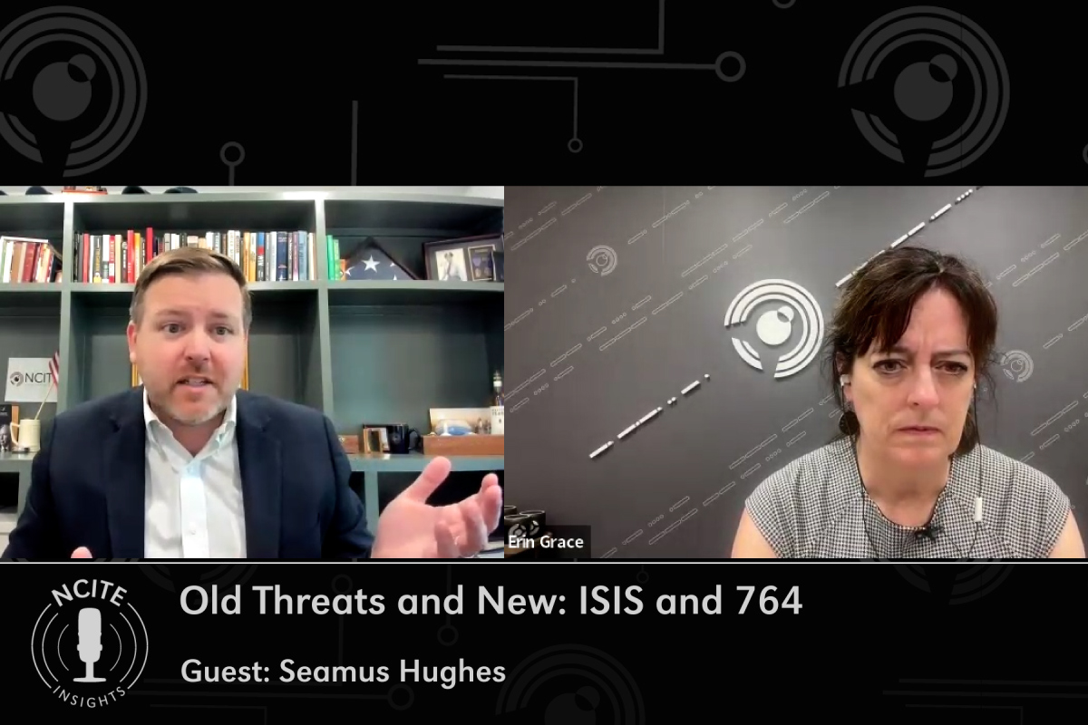 On a Zoom gallery screen, guest Seamus Hughes (left) speaks with host Erin Grace (right), with a episode title card below them and an NCITE logo in the background.