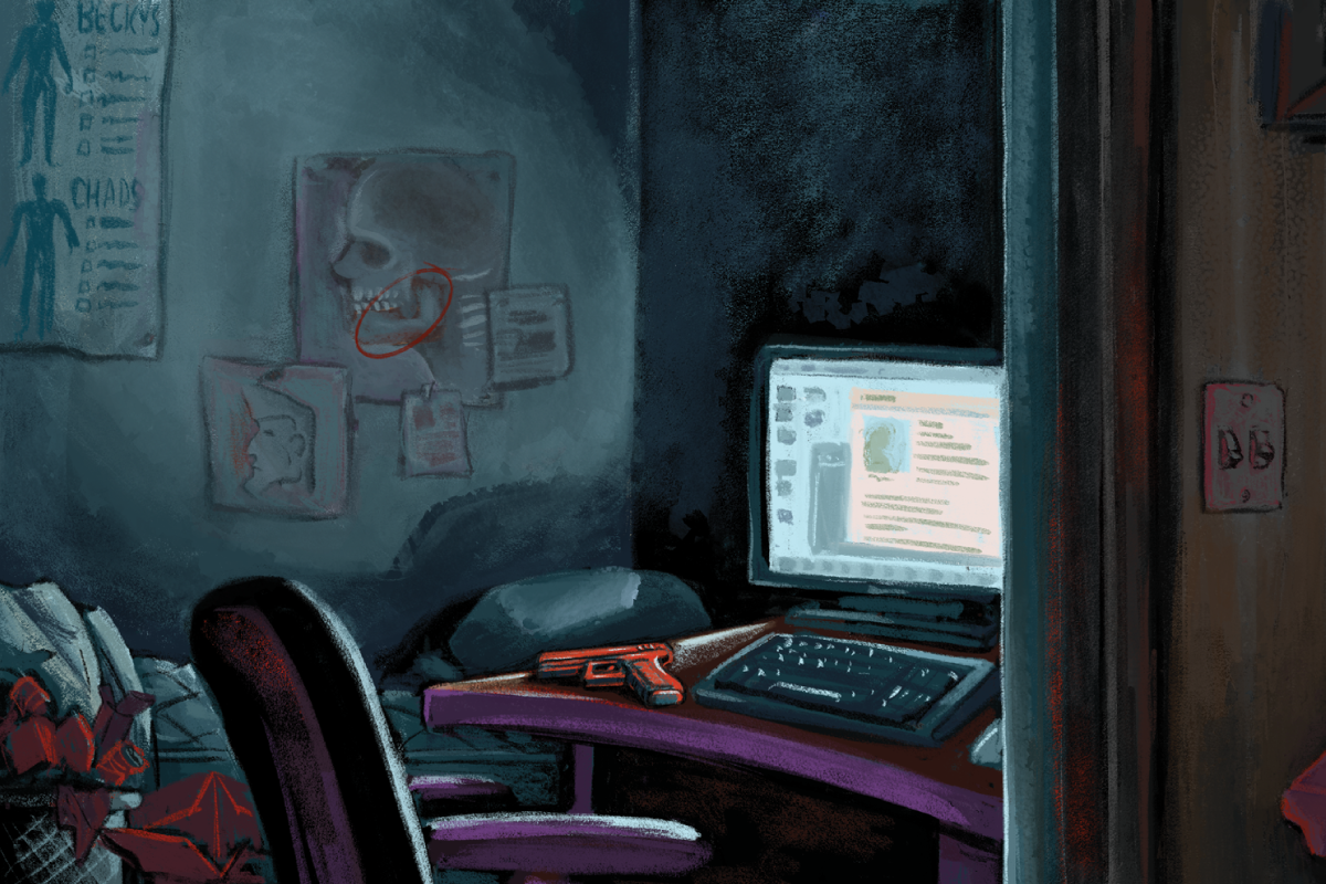 Artwork depicting a dark room with conspiracy-like posters on the walls and the sole light coming from a computer screen. 